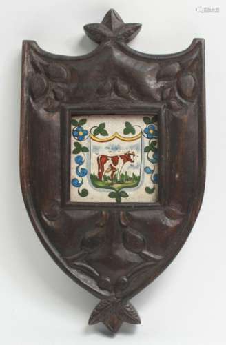 Italian Hand Carved Armorial Plaque W Painted Tile