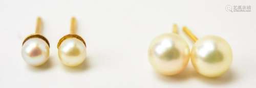 Two Pairs 14kt Yellow Gold & Pearl Earring Studs