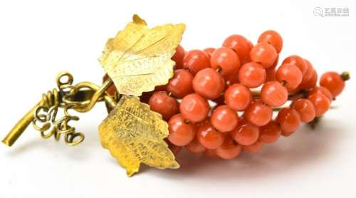 Antique Coral Bead Grape Cluster Brooch