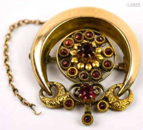 Antique 19th C Gold Filled Crescent Moon Brooch