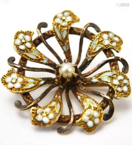 Antique 19th C 10kt Gold Enamel Pearl Pendant Pin