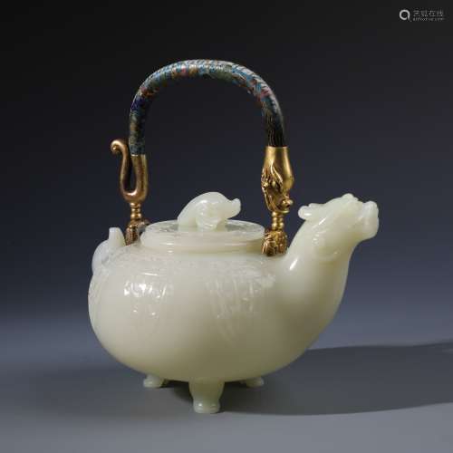 Chinese White Jade Beast Mask Pot with Cloisonne Handle