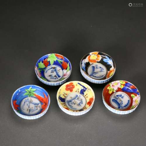 A Set of Five Japanese Enamelled Porcelain Cups