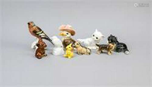 Mixed lot of 9 animal figures, bird on round base, KPM