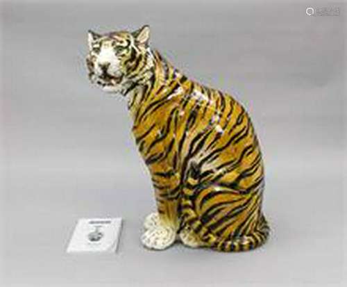 Large sitting tiger, 20th century, ceramic, painted in