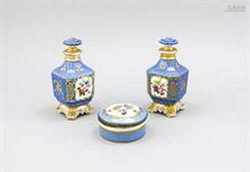 Pair of flacons and lidded box, 19th cent., Decor with