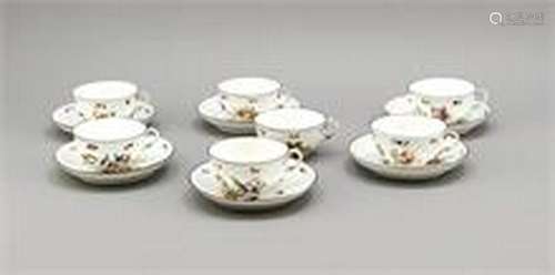 Six tea cups with seven saucers, Nymphenburg, 20th