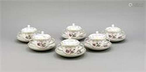 Six soup bowls with saucers and lid, 18 pcs., KPM