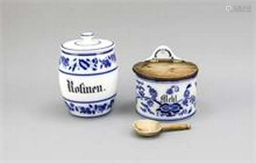 Two storage containers, lidded container for raisins,