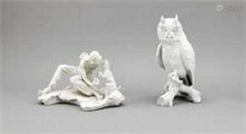 Two porcelain figurines, long-eared owl on branch,