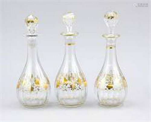 Three decanters, 20th cent., round base, drop shape,