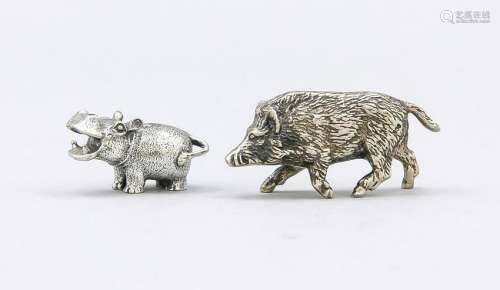 Boar and hippo, 20th century, silver 800/000 resp.