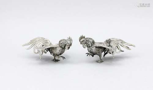 Two fighting cocks, 20th cent., silver tested, l. 18