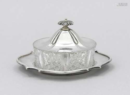 Oval lidded box with saucer, 20th century, plated,
