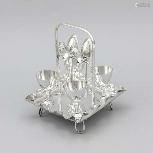 Eggcup set, England, 20th cent., plated, square stand