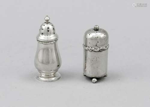 Two salt shakers, England, 20th century, various