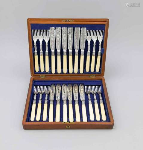 Fish cutlery for twelve persons, England, 20th century,