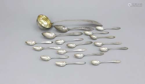 16 spoons and ladle, 19th century, silver various