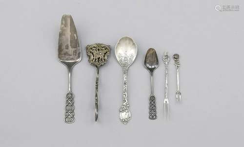 Six pieces serving cutlery, 20th century, different