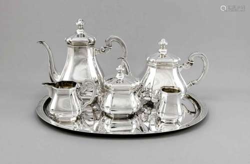 Five-pieces coffee and tea service on oval tray,