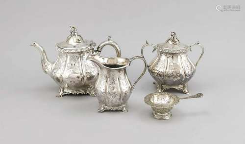 Three-piece tea service, 20th cent., plated, on 4 feet,