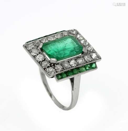 Art Deco emerald-old cut diamond diamond rose ring WG