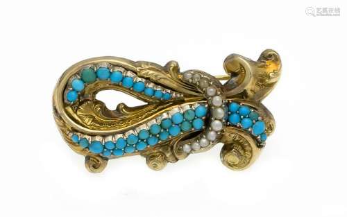 Turquoise Oriental Pearl Brooch GG 585/000 with 38