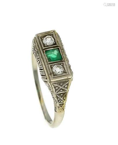 Art Deco emerald diamond ring WG 585/000 with a fac.