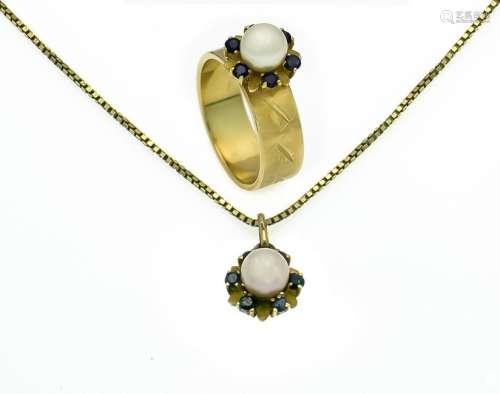 Akoya sapphire set GG 585/000 with 2 Akoya pearls 7 mm