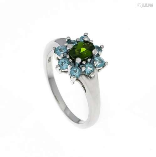 Chrome Diopside Blue Topaz Ring Silver 925/000 with an