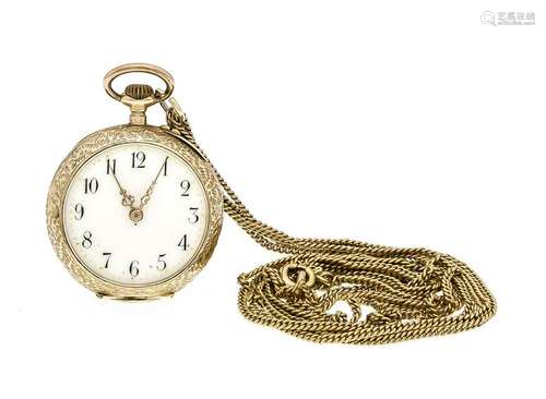 Open ladies pocket watch 585 gold, white enamel dial