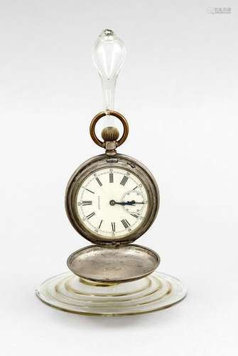 Blown glass pocket watch holder, height 14cm, with 800