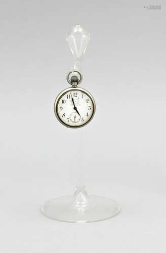 Blown glass pocket watch holder, height 19cm, with The