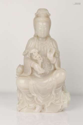 Large Carved White Jade Figure Of Guanyin