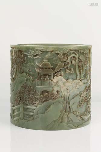 Carved Pale Green Jade Brush Pot With Mark