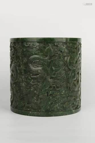 Carved Spinach Green Jade Dragon Brush Pot