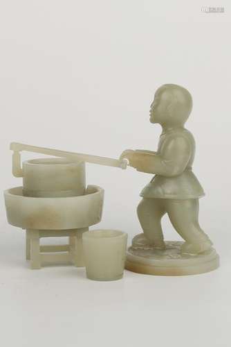 Carved Jade Figure Working  A Wine Press