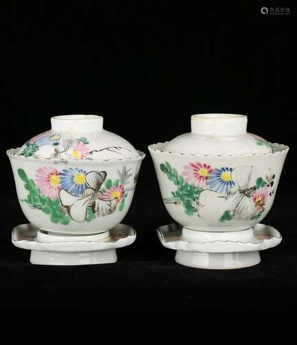 Pair Of Porcelain Covered Bowl With Raised Ant Moat