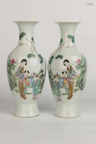 Pair Of Porcelain GuanYin And Calligraphy Vases