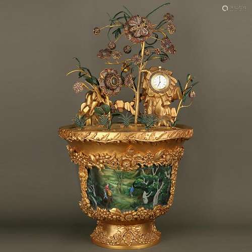 Gilt Bronze Flower Planter With Clock