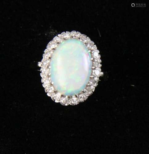 14k White Gold, Opal and Diamond Ring