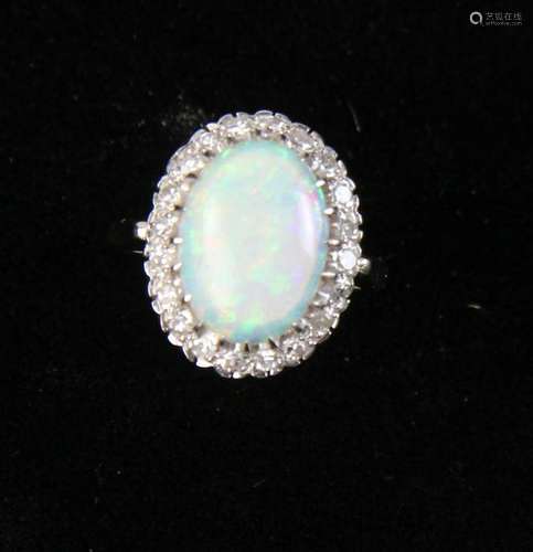 14k White Gold, Opal and Diamond Ring