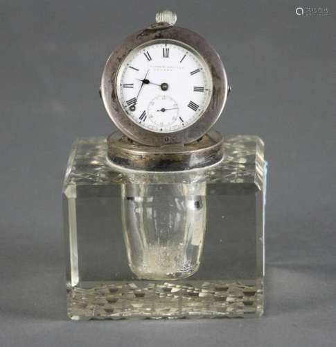 English Cut Crystal Inkwell with Sterling Clock