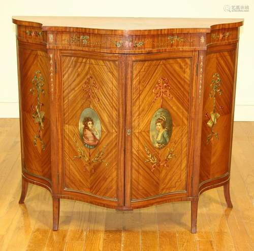 English Satinwood Cabinet w/ Hand Painted Scenes