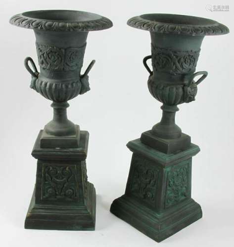 Pair of Cast Iron Garden Urns on Pedestals