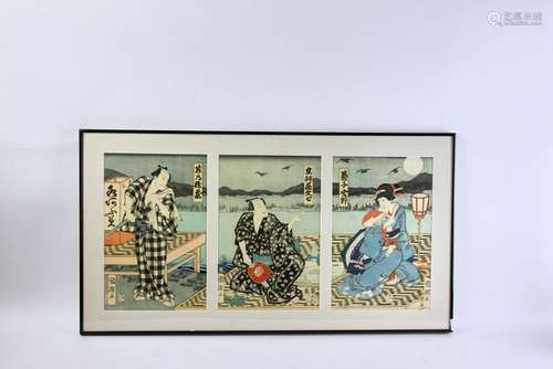 Japanese Woodblock Triptych of Actors