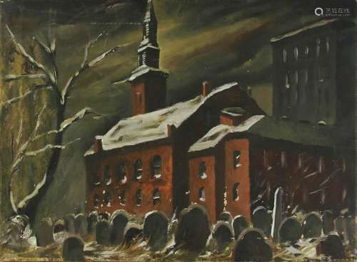 Attr to Gasser, Church and Graveyard, Oil on Canvas