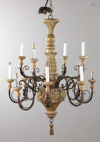 Semi Antique Wrought Iron and Wooden Chandelier