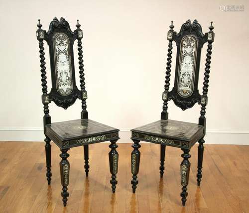 Pair of 19thC Italian Bone Inlaid Chairs