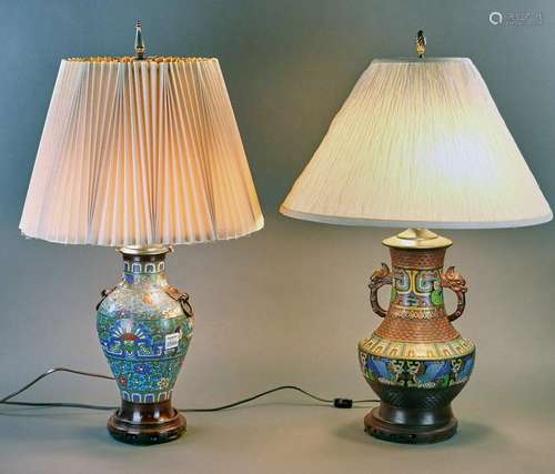 Two Champleve Lamps with Shades